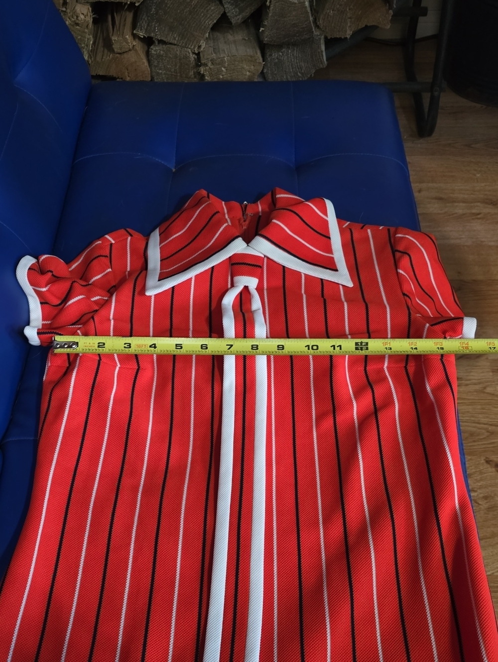 1960's Mod Red Striped Shift Dress with White Trim Tie - Picture 5 of 9
